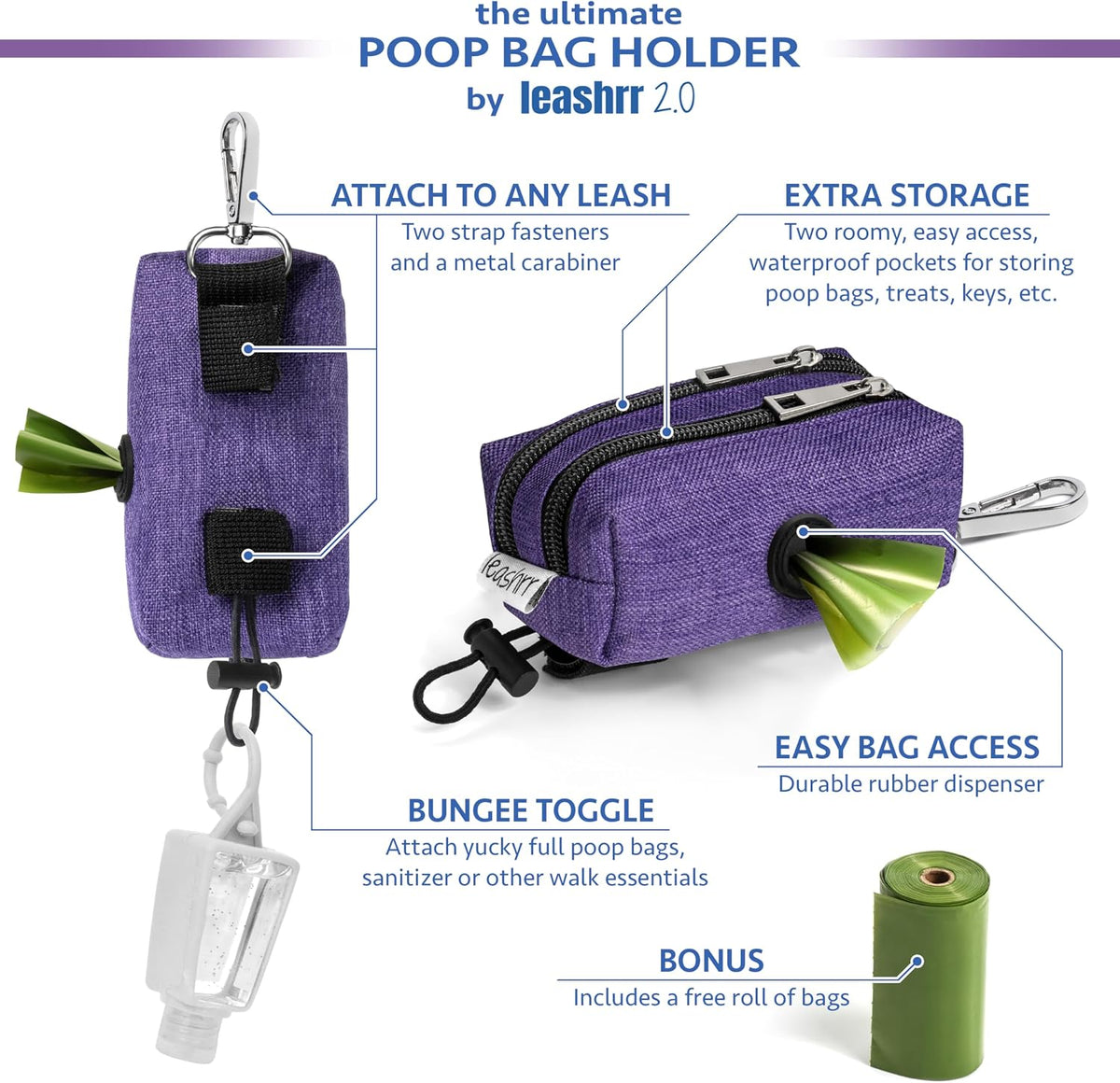 Dog Poop Bag Holder for Leashes and Treat Holder with 2 Waterproof Pouches