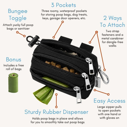 Dog Poop Bag Holder for Leashes and Treat Holder with 2 Waterproof Pouches