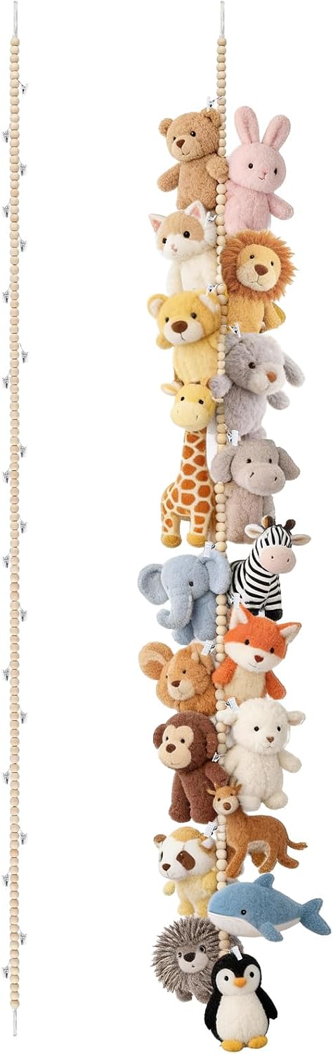 2 Pack Hanging Stuffed Animal Storage Hanger Nursery Wall Decor Boho Wood Beads Plushies Holder Display with 40 Clips Hanging Baby Hat Socks Photo Artwork for Kids Room Playroom Bedroom, 76”