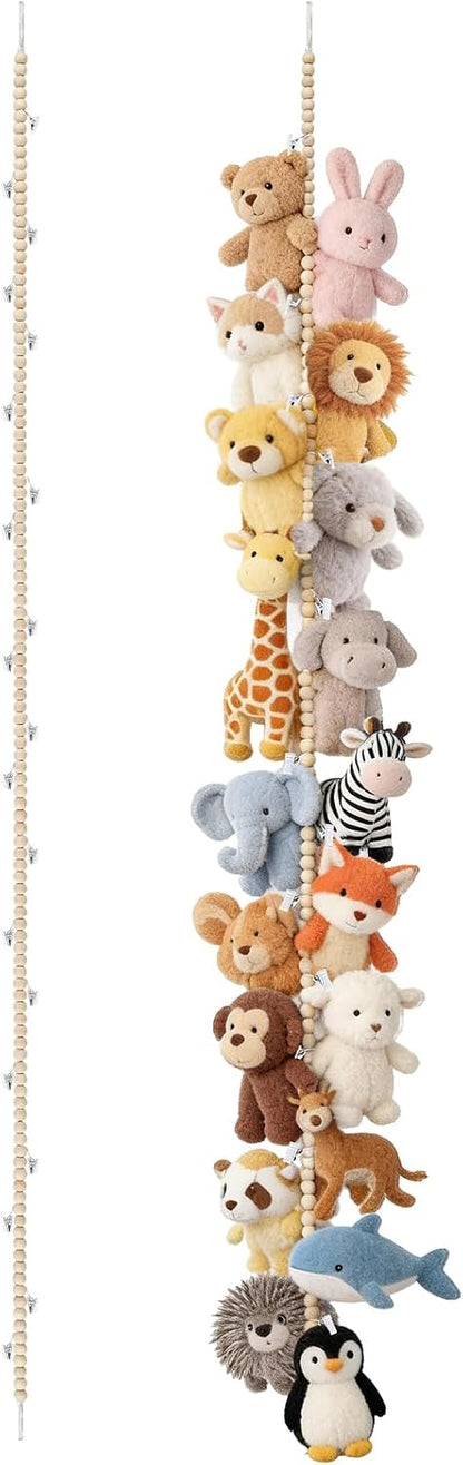 2 Pack Hanging Stuffed Animal Storage Hanger Nursery Wall Decor Boho Wood Beads Plushies Holder Display with 40 Clips Hanging Baby Hat Socks Photo Artwork for Kids Room Playroom Bedroom, 76”