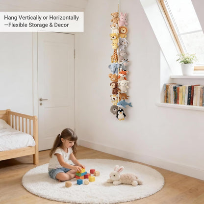 2 Pack Hanging Stuffed Animal Storage Hanger Nursery Wall Decor Boho Wood Beads Plushies Holder Display with 40 Clips Hanging Baby Hat Socks Photo Artwork for Kids Room Playroom Bedroom, 76”
