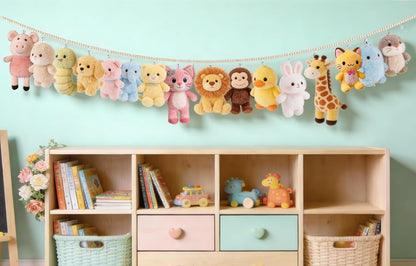 2 Pack Hanging Stuffed Animal Storage Hanger Nursery Wall Decor Boho Wood Beads Plushies Holder Display with 40 Clips Hanging Baby Hat Socks Photo Artwork for Kids Room Playroom Bedroom, 76”
