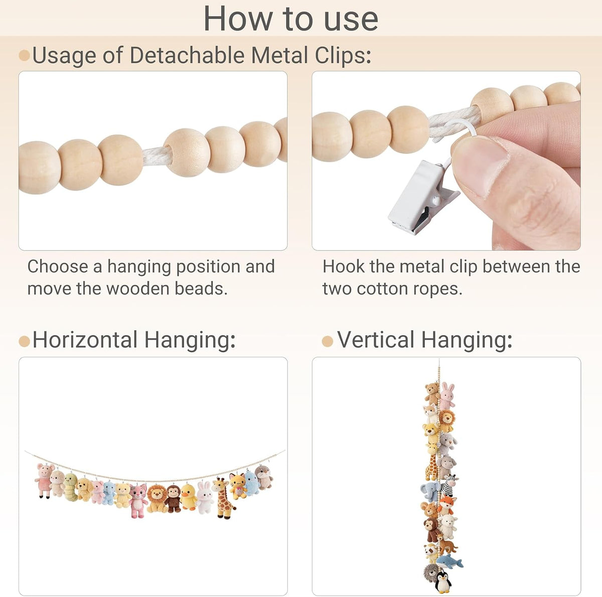 2 Pack Hanging Stuffed Animal Storage Hanger Nursery Wall Decor Boho Wood Beads Plushies Holder Display with 40 Clips Hanging Baby Hat Socks Photo Artwork for Kids Room Playroom Bedroom, 76”