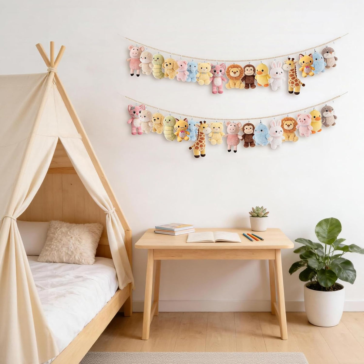 2 Pack Hanging Stuffed Animal Storage Hanger Nursery Wall Decor Boho Wood Beads Plushies Holder Display with 40 Clips Hanging Baby Hat Socks Photo Artwork for Kids Room Playroom Bedroom, 76”
