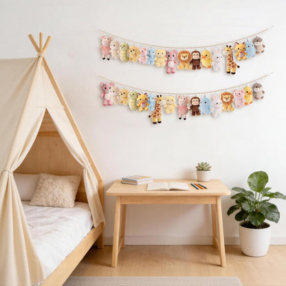 2 Pack Hanging Stuffed Animal Storage Hanger Nursery Wall Decor Boho Wood Beads Plushies Holder Display with 40 Clips Hanging Baby Hat Socks Photo Artwork for Kids Room Playroom Bedroom, 76”