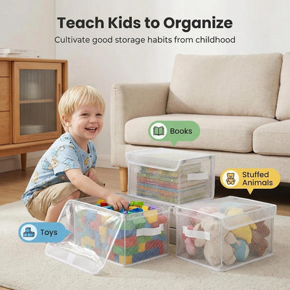 3 Pack Clear Storage Bins with Lids, Foldable Toy Organizer Bins PVC Transparent Storage Box for Toys, Clothes, Towel and Stuffed Animal Storage
