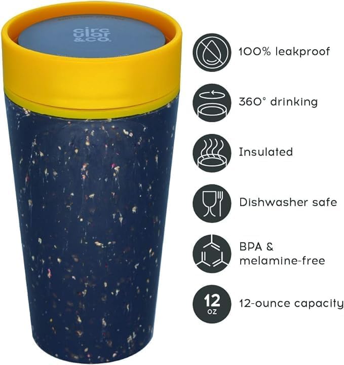 Circular and Co Leakproof Reusable Coffee Cup 12oz/340ml - The World's First Travel Mug Made from Recycled Coffee Cups, 100% Leak-Proof, Sustainable & Insulated (Black & Faraway Blue)