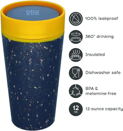 Circular and Co Leakproof Reusable Coffee Cup 12oz/340ml - The World's First Travel Mug Made from Recycled Coffee Cups, 100% Leak-Proof, Sustainable & Insulated (Black & Faraway Blue)