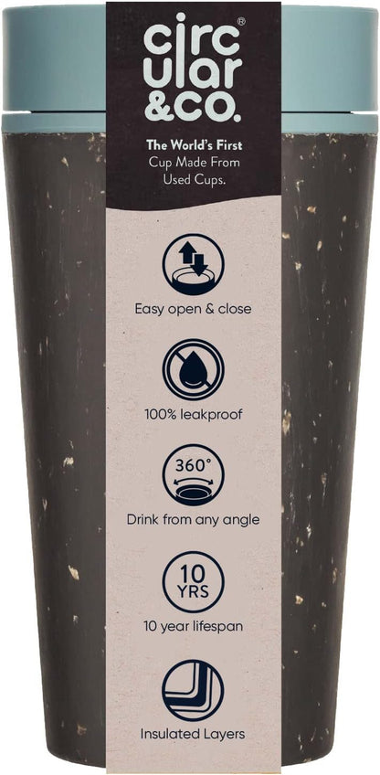 Circular and Co Leakproof Reusable Coffee Cup 12oz/340ml - The World's First Travel Mug Made from Recycled Coffee Cups, 100% Leak-Proof, Sustainable & Insulated (Black & Faraway Blue)