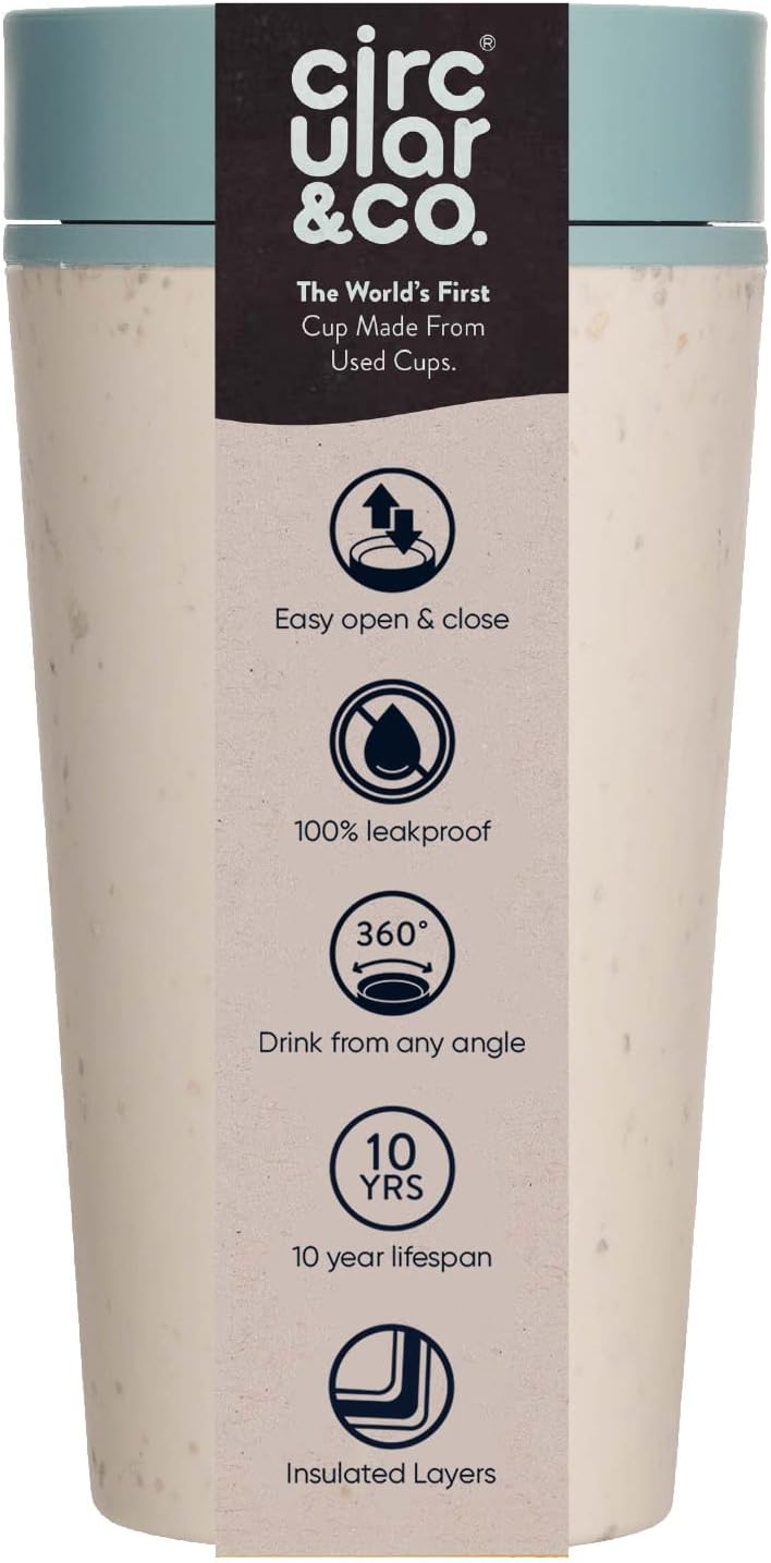 Circular and Co Leakproof Reusable Coffee Cup 12oz/340ml - The World's First Travel Mug Made from Recycled Coffee Cups, 100% Leak-Proof, Sustainable & Insulated (Black & Faraway Blue)