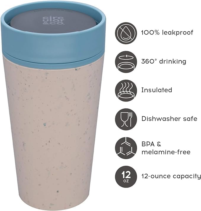 Circular and Co Leakproof Reusable Coffee Cup 12oz/340ml - The World's First Travel Mug Made from Recycled Coffee Cups, 100% Leak-Proof, Sustainable & Insulated (Black & Faraway Blue)