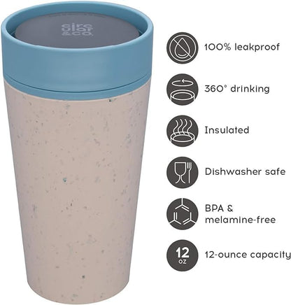 Circular and Co Leakproof Reusable Coffee Cup 12oz/340ml - The World's First Travel Mug Made from Recycled Coffee Cups, 100% Leak-Proof, Sustainable & Insulated (Black & Faraway Blue)