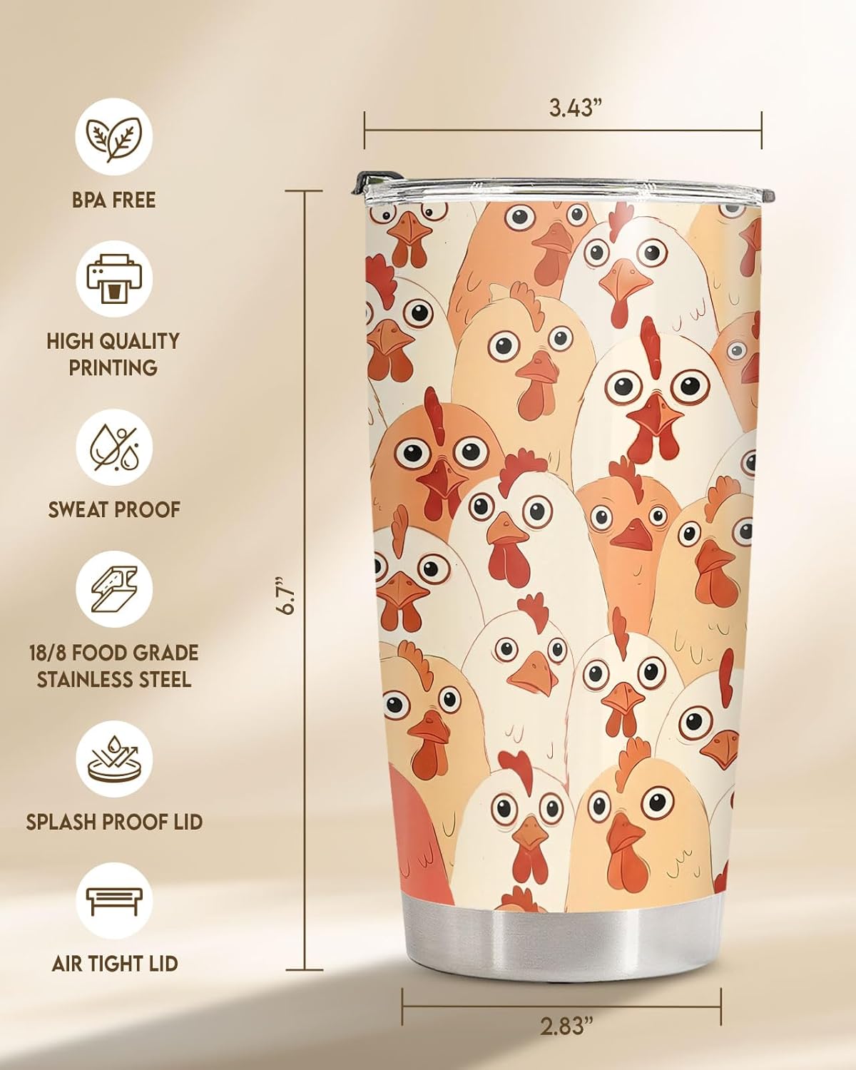 Funny Chicken Tumbler 20oz Insulated Stainless Steel Coffee Travel Mug Gift | 20oz double wall vacuum insulated tumbler keeps drinks hot cold. Funny work gift for women men office coworkers boss