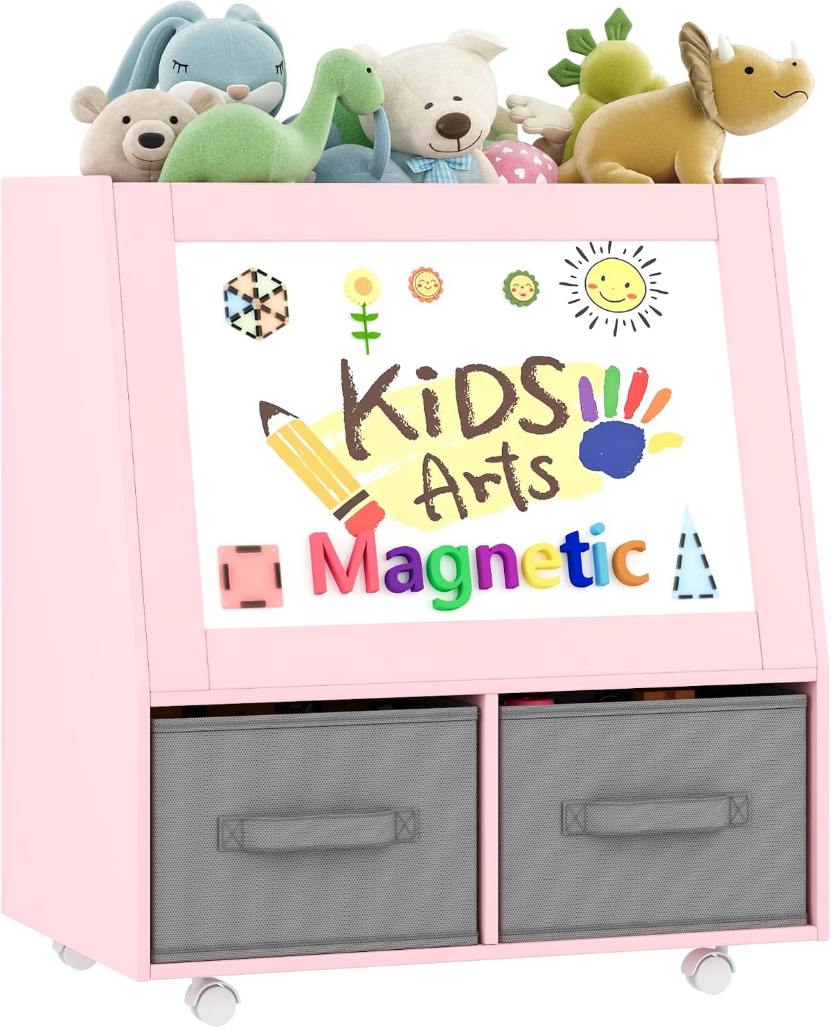 3-in-1 Wooden Toy Storage Organizer with Wheels, 2-Sided Montessori Shelf with Magnetic Drawing Board, Compact Stuffed Animal Holder, 2 Fabric Bins for Kids Rooms Playroom Nursery, White
