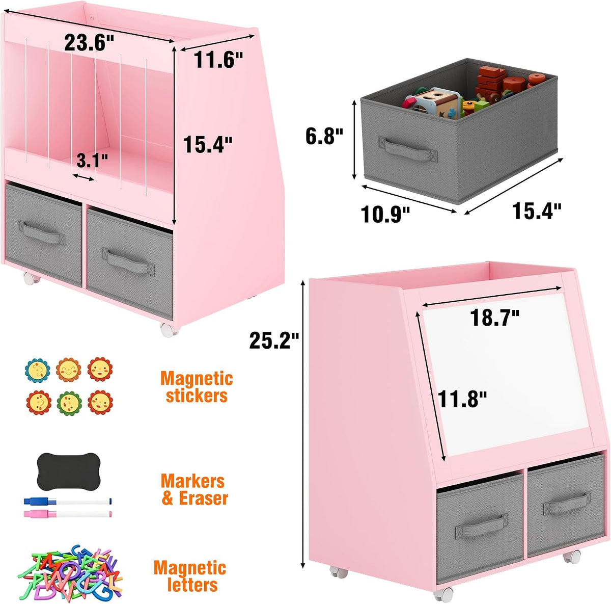 3-in-1 Wooden Toy Storage Organizer with Wheels, 2-Sided Montessori Shelf with Magnetic Drawing Board, Compact Stuffed Animal Holder, 2 Fabric Bins for Kids Rooms Playroom Nursery, White