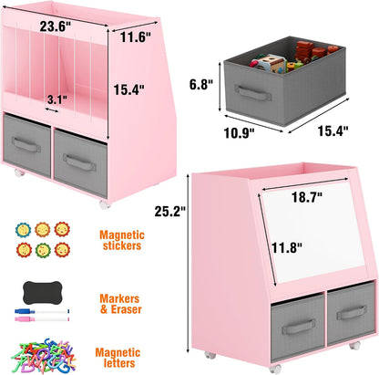 3-in-1 Wooden Toy Storage Organizer with Wheels, 2-Sided Montessori Shelf with Magnetic Drawing Board, Compact Stuffed Animal Holder, 2 Fabric Bins for Kids Rooms Playroom Nursery, White