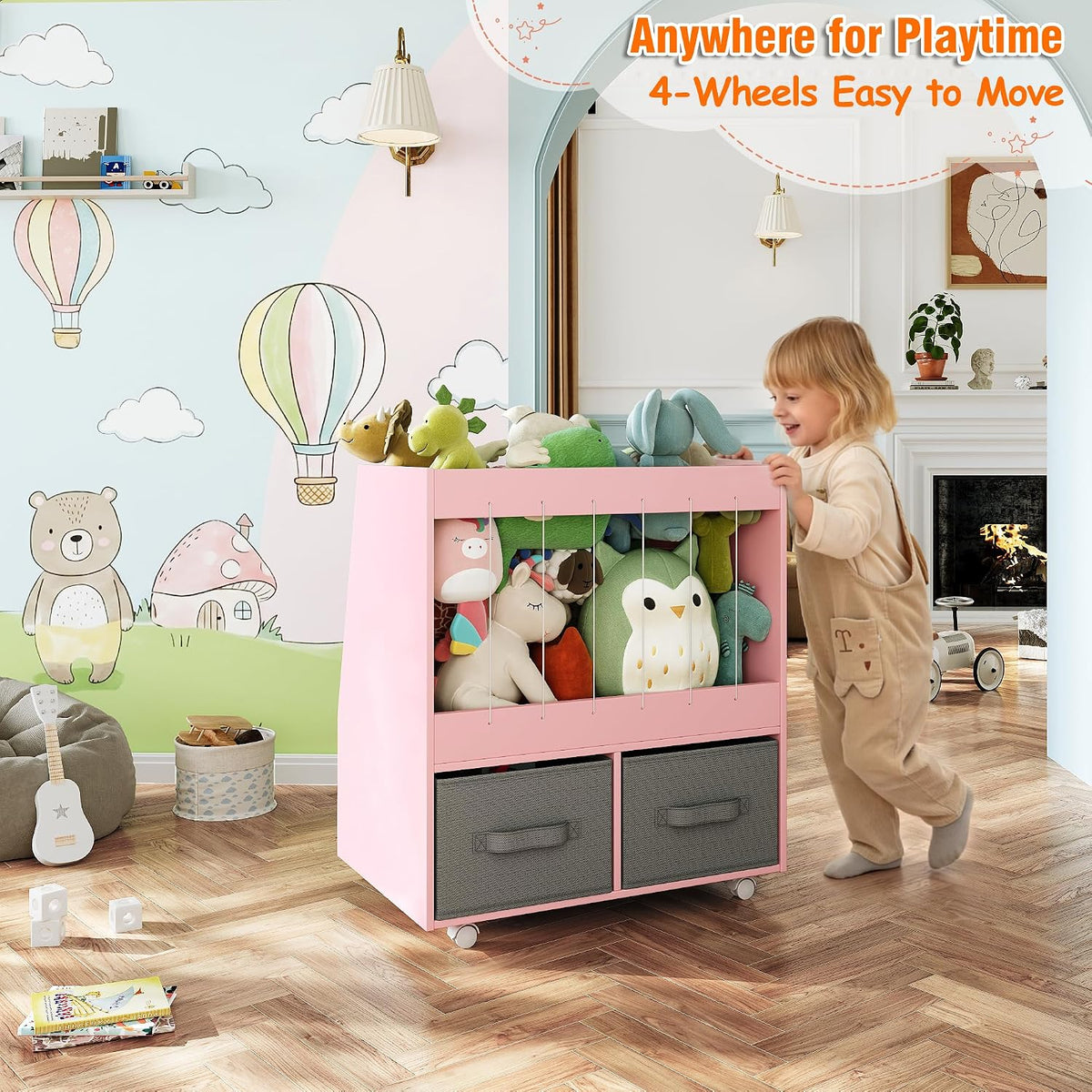 3-in-1 Wooden Toy Storage Organizer with Wheels, 2-Sided Montessori Shelf with Magnetic Drawing Board, Compact Stuffed Animal Holder, 2 Fabric Bins for Kids Rooms Playroom Nursery, White