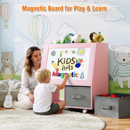 3-in-1 Wooden Toy Storage Organizer with Wheels, 2-Sided Montessori Shelf with Magnetic Drawing Board, Compact Stuffed Animal Holder, 2 Fabric Bins for Kids Rooms Playroom Nursery, White