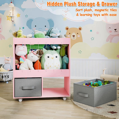 3-in-1 Wooden Toy Storage Organizer with Wheels, 2-Sided Montessori Shelf with Magnetic Drawing Board, Compact Stuffed Animal Holder, 2 Fabric Bins for Kids Rooms Playroom Nursery, White