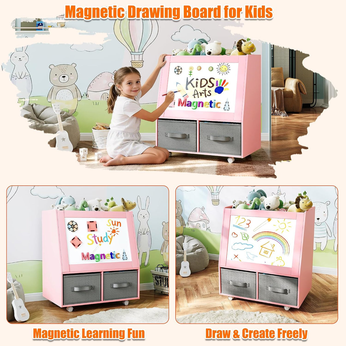 3-in-1 Wooden Toy Storage Organizer with Wheels, 2-Sided Montessori Shelf with Magnetic Drawing Board, Compact Stuffed Animal Holder, 2 Fabric Bins for Kids Rooms Playroom Nursery, White