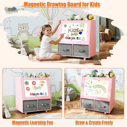 3-in-1 Wooden Toy Storage Organizer with Wheels, 2-Sided Montessori Shelf with Magnetic Drawing Board, Compact Stuffed Animal Holder, 2 Fabric Bins for Kids Rooms Playroom Nursery, White