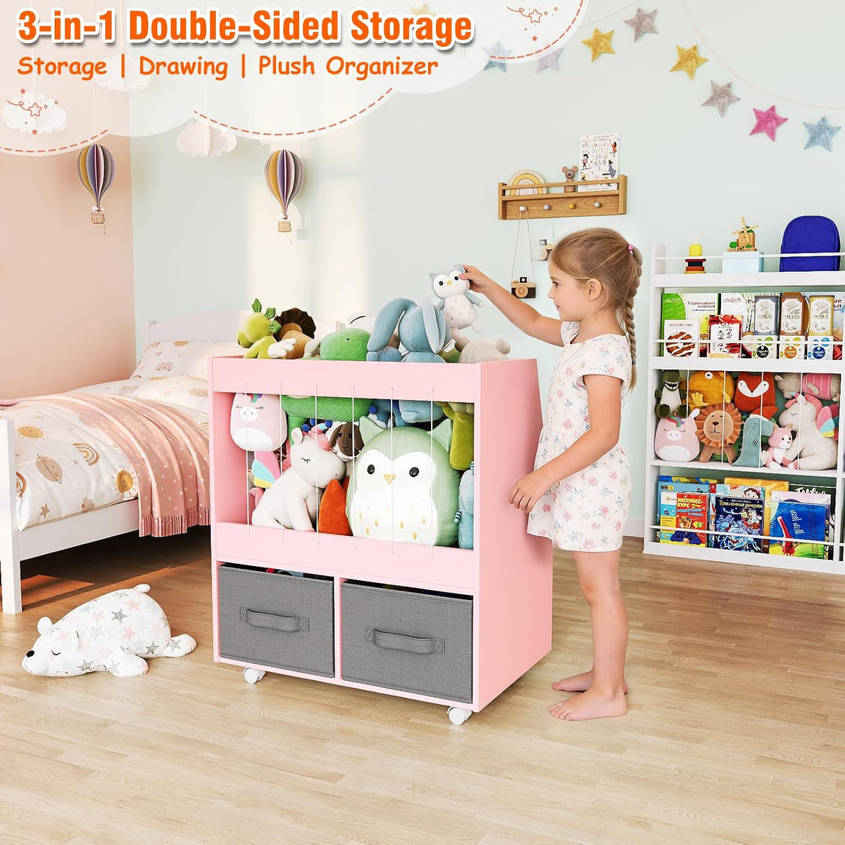 3-in-1 Wooden Toy Storage Organizer with Wheels, 2-Sided Montessori Shelf with Magnetic Drawing Board, Compact Stuffed Animal Holder, 2 Fabric Bins for Kids Rooms Playroom Nursery, White