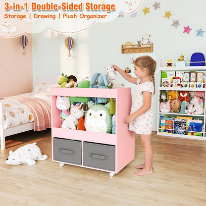 3-in-1 Wooden Toy Storage Organizer with Wheels, 2-Sided Montessori Shelf with Magnetic Drawing Board, Compact Stuffed Animal Holder, 2 Fabric Bins for Kids Rooms Playroom Nursery, White