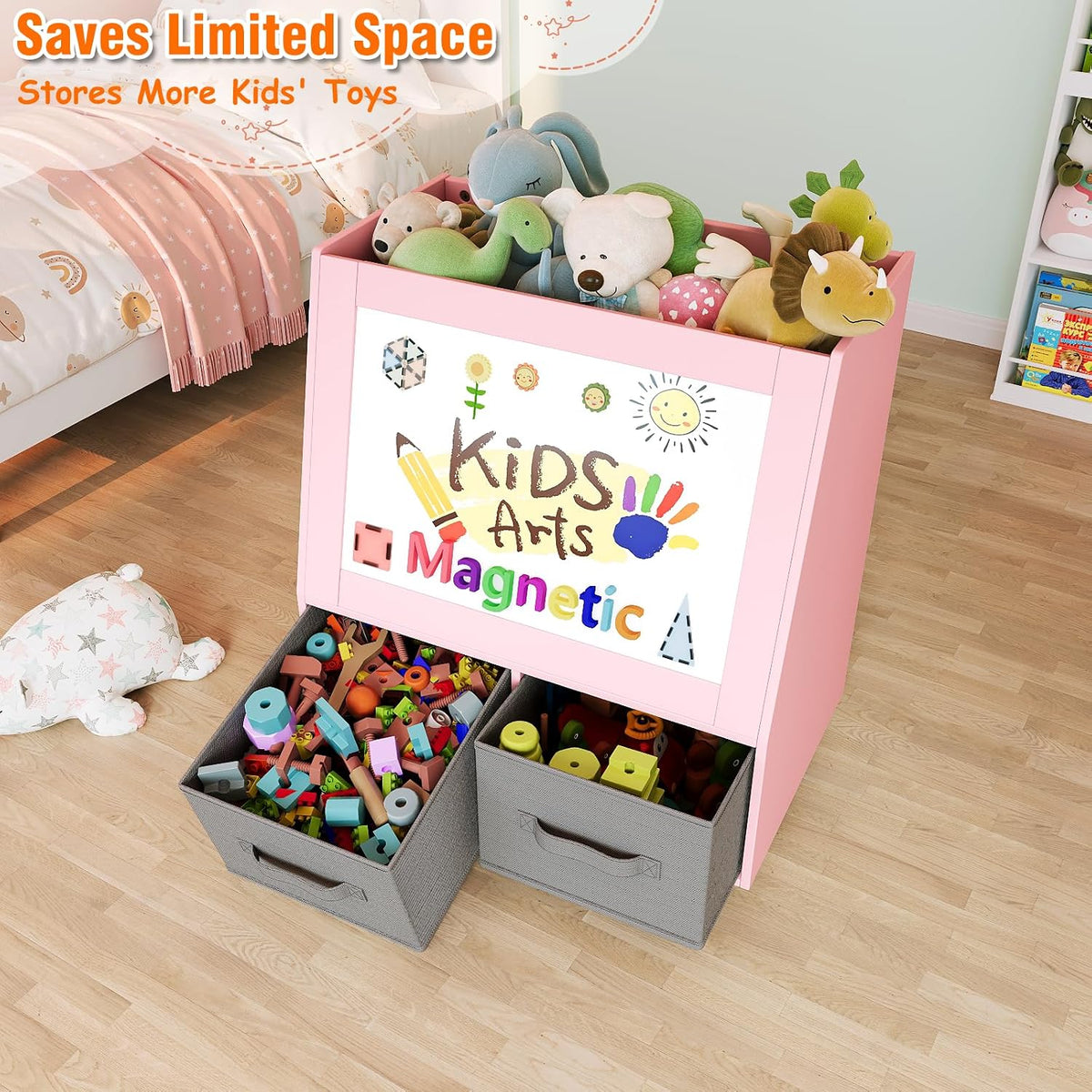 3-in-1 Wooden Toy Storage Organizer with Wheels, 2-Sided Montessori Shelf with Magnetic Drawing Board, Compact Stuffed Animal Holder, 2 Fabric Bins for Kids Rooms Playroom Nursery, White