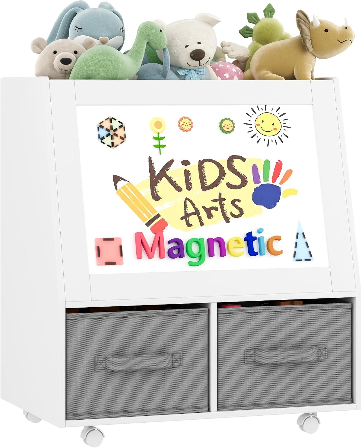 3-in-1 Wooden Toy Storage Organizer with Wheels, 2-Sided Montessori Shelf with Magnetic Drawing Board, Compact Stuffed Animal Holder, 2 Fabric Bins for Kids Rooms Playroom Nursery, White