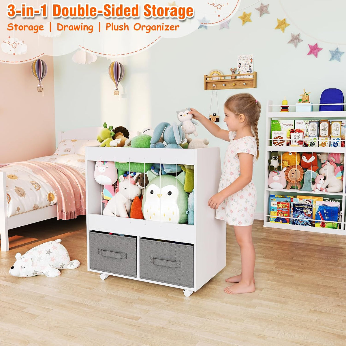 3-in-1 Wooden Toy Storage Organizer with Wheels, 2-Sided Montessori Shelf with Magnetic Drawing Board, Compact Stuffed Animal Holder, 2 Fabric Bins for Kids Rooms Playroom Nursery, White