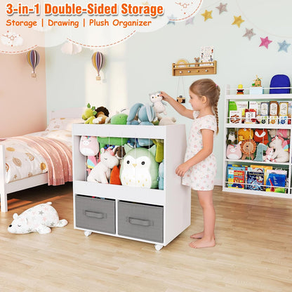 3-in-1 Wooden Toy Storage Organizer with Wheels, 2-Sided Montessori Shelf with Magnetic Drawing Board, Compact Stuffed Animal Holder, 2 Fabric Bins for Kids Rooms Playroom Nursery, White