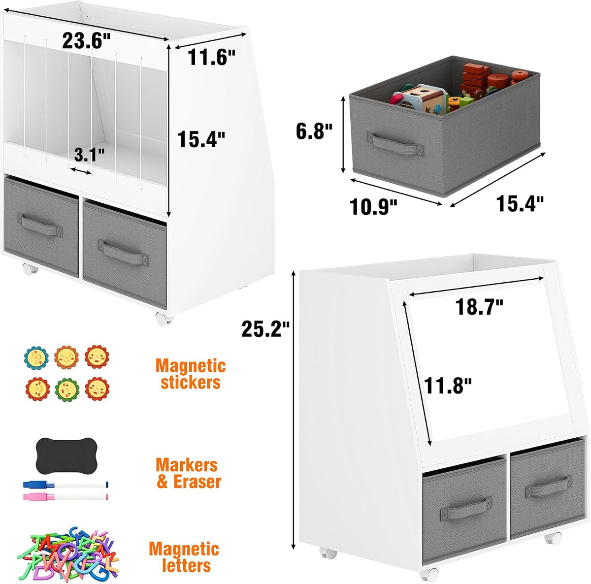3-in-1 Wooden Toy Storage Organizer with Wheels, 2-Sided Montessori Shelf with Magnetic Drawing Board, Compact Stuffed Animal Holder, 2 Fabric Bins for Kids Rooms Playroom Nursery, White