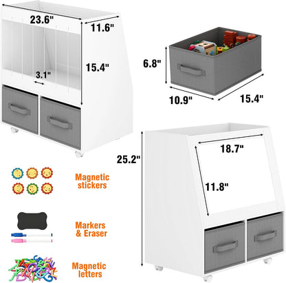 3-in-1 Wooden Toy Storage Organizer with Wheels, 2-Sided Montessori Shelf with Magnetic Drawing Board, Compact Stuffed Animal Holder, 2 Fabric Bins for Kids Rooms Playroom Nursery, White