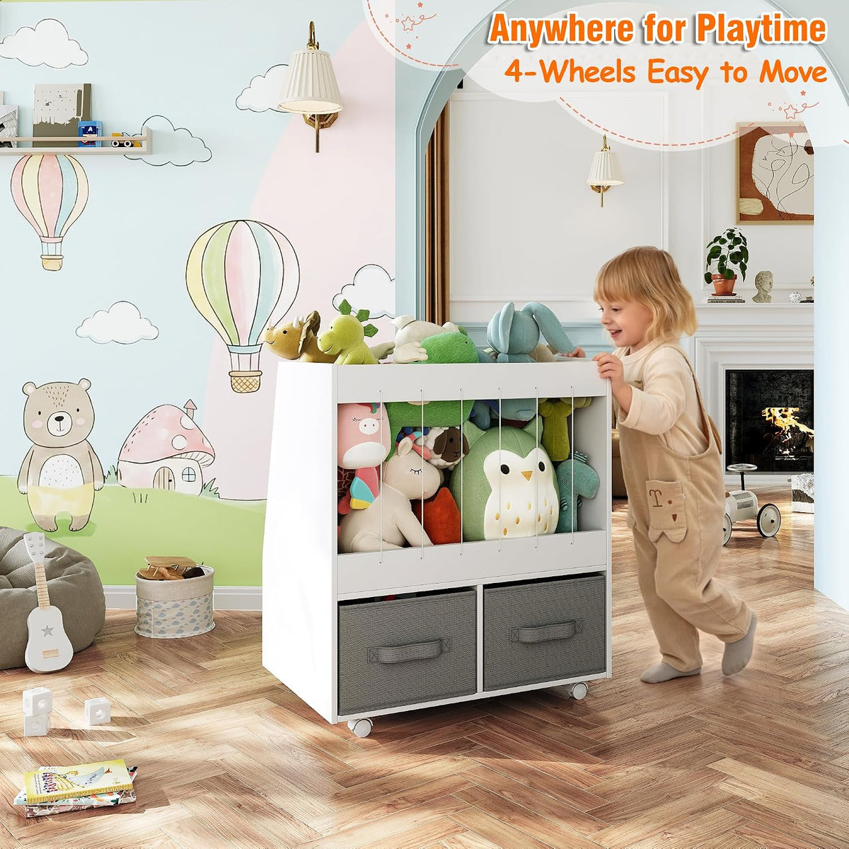 3-in-1 Wooden Toy Storage Organizer with Wheels, 2-Sided Montessori Shelf with Magnetic Drawing Board, Compact Stuffed Animal Holder, 2 Fabric Bins for Kids Rooms Playroom Nursery, White