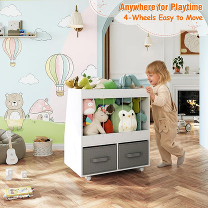 3-in-1 Wooden Toy Storage Organizer with Wheels, 2-Sided Montessori Shelf with Magnetic Drawing Board, Compact Stuffed Animal Holder, 2 Fabric Bins for Kids Rooms Playroom Nursery, White