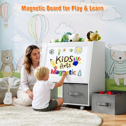 3-in-1 Wooden Toy Storage Organizer with Wheels, 2-Sided Montessori Shelf with Magnetic Drawing Board, Compact Stuffed Animal Holder, 2 Fabric Bins for Kids Rooms Playroom Nursery, White