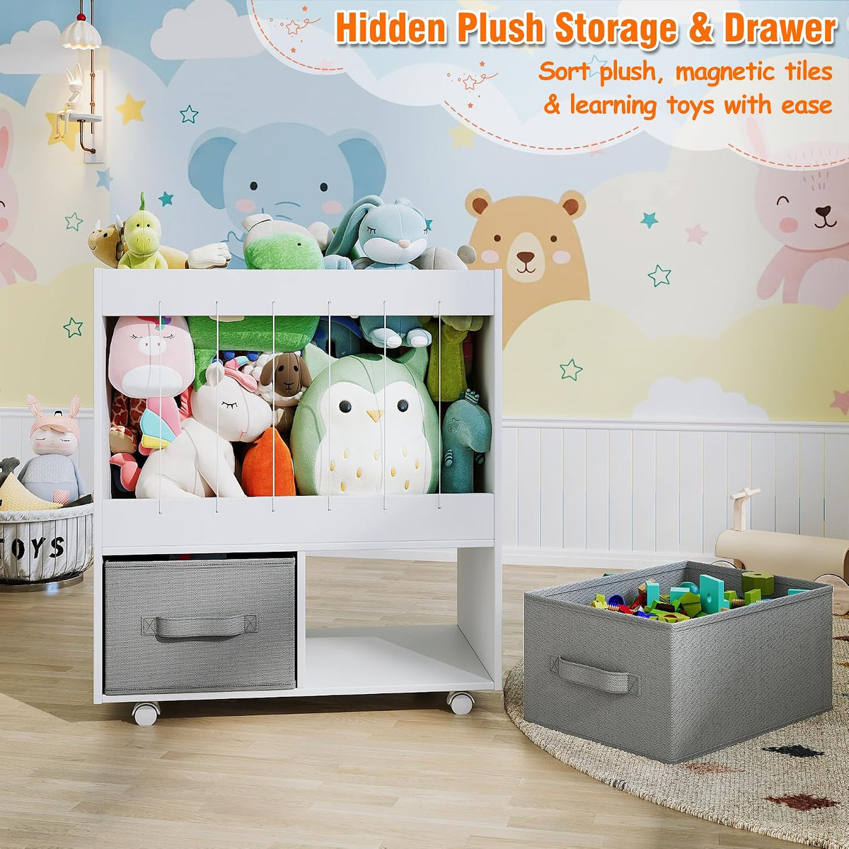 3-in-1 Wooden Toy Storage Organizer with Wheels, 2-Sided Montessori Shelf with Magnetic Drawing Board, Compact Stuffed Animal Holder, 2 Fabric Bins for Kids Rooms Playroom Nursery, White
