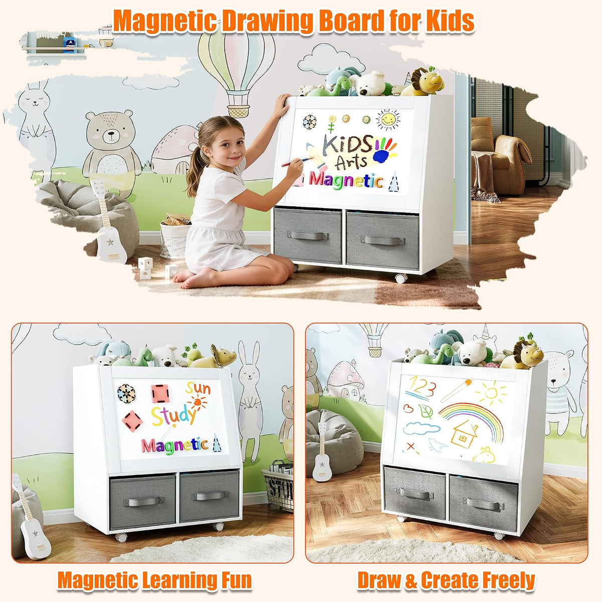 3-in-1 Wooden Toy Storage Organizer with Wheels, 2-Sided Montessori Shelf with Magnetic Drawing Board, Compact Stuffed Animal Holder, 2 Fabric Bins for Kids Rooms Playroom Nursery, White