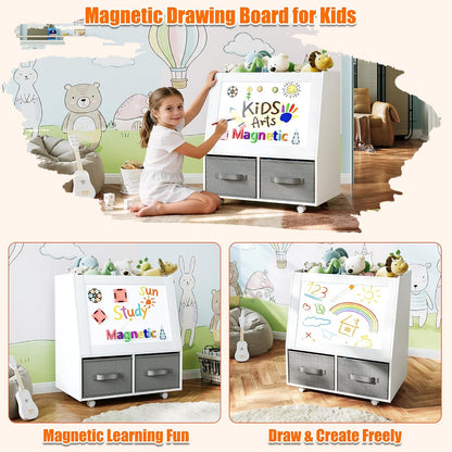 3-in-1 Wooden Toy Storage Organizer with Wheels, 2-Sided Montessori Shelf with Magnetic Drawing Board, Compact Stuffed Animal Holder, 2 Fabric Bins for Kids Rooms Playroom Nursery, White