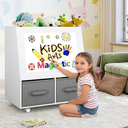 3-in-1 Wooden Toy Storage Organizer with Wheels, 2-Sided Montessori Shelf with Magnetic Drawing Board, Compact Stuffed Animal Holder, 2 Fabric Bins for Kids Rooms Playroom Nursery, White