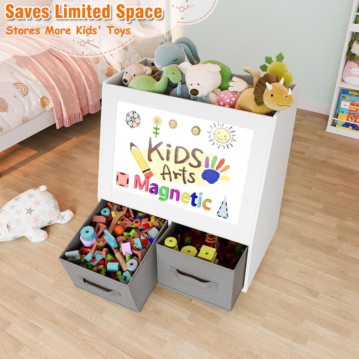 3-in-1 Wooden Toy Storage Organizer with Wheels, 2-Sided Montessori Shelf with Magnetic Drawing Board, Compact Stuffed Animal Holder, 2 Fabric Bins for Kids Rooms Playroom Nursery, White