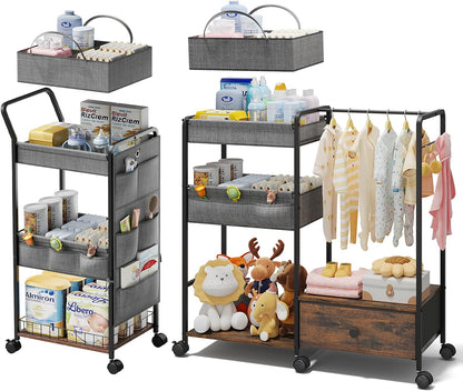 3in1 Diaper Caddy Organizer - Diaper Caddy & Rolling Diaper Cart for Nursery and Baby Essentials, Multi-Function Utility Cart for Bedroom and Bathroom(Basket&Pocket)