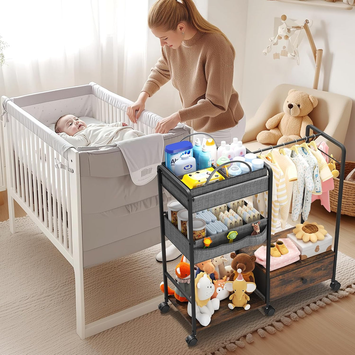 3in1 Diaper Caddy Organizer - Diaper Caddy & Rolling Diaper Cart for Nursery and Baby Essentials, Multi-Function Utility Cart for Bedroom and Bathroom(Basket&Pocket)