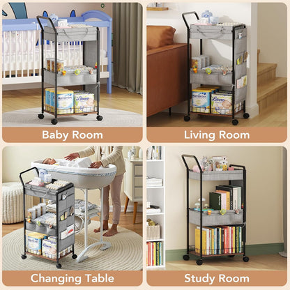 3in1 Diaper Caddy Organizer - Diaper Caddy & Rolling Diaper Cart for Nursery and Baby Essentials, Multi-Function Utility Cart for Bedroom and Bathroom(Basket&Pocket)