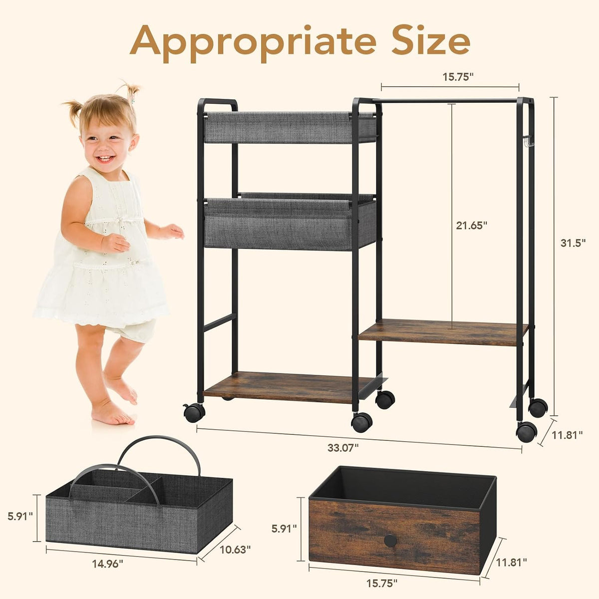 3in1 Diaper Caddy Organizer - Diaper Caddy & Rolling Diaper Cart for Nursery and Baby Essentials, Multi-Function Utility Cart for Bedroom and Bathroom(Basket&Pocket)