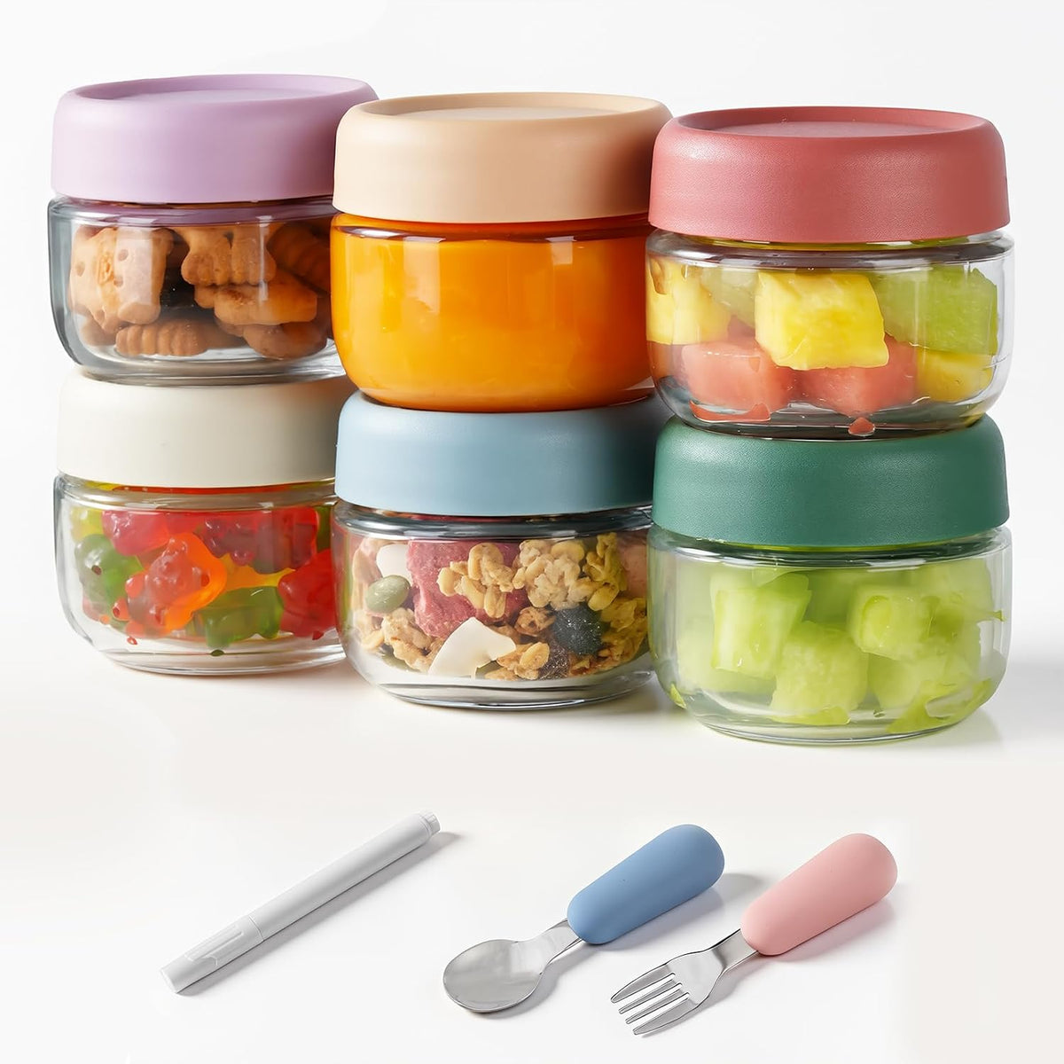 Glass Baby Food Storage Containers, Baby Food Jars, Small Glass Containers with Lids, 4 oz Leakproof Baby Food Storage Containers, BPA Free Microwave/Freezer/Dishwasher Safe, Kids Spoon Fork