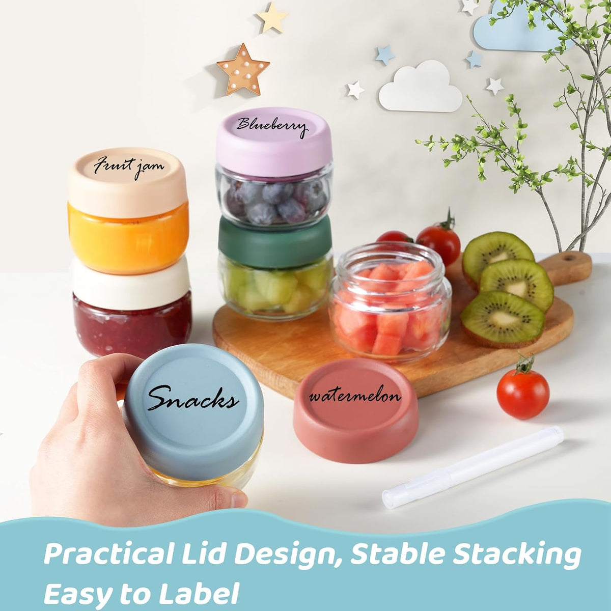 Glass Baby Food Storage Containers, Baby Food Jars, Small Glass Containers with Lids, 4 oz Leakproof Baby Food Storage Containers, BPA Free Microwave/Freezer/Dishwasher Safe, Kids Spoon Fork