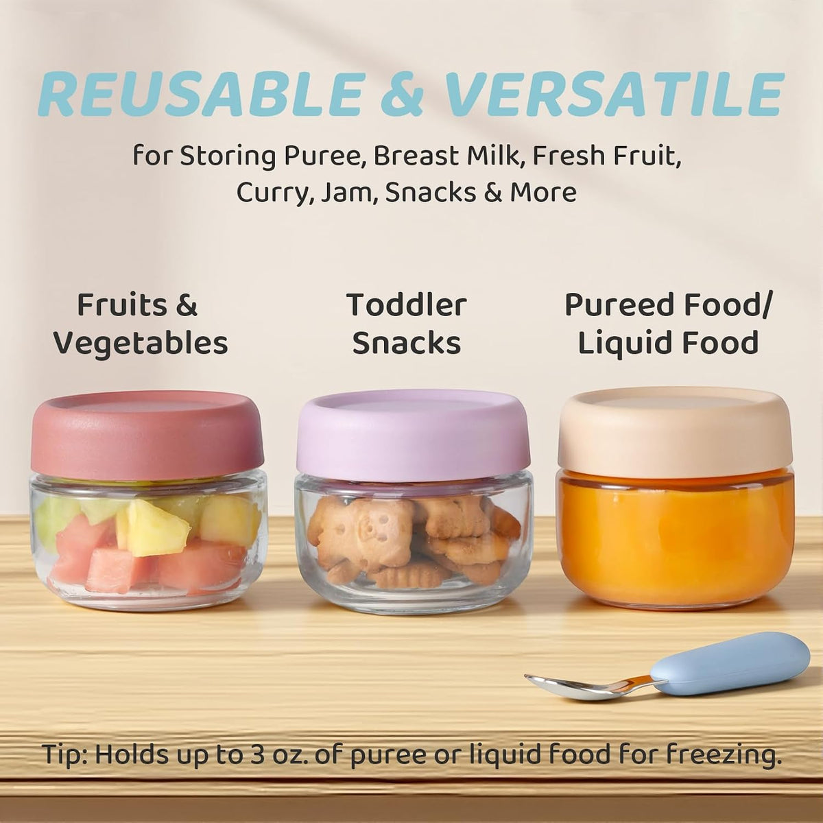 Glass Baby Food Storage Containers, Baby Food Jars, Small Glass Containers with Lids, 4 oz Leakproof Baby Food Storage Containers, BPA Free Microwave/Freezer/Dishwasher Safe, Kids Spoon Fork