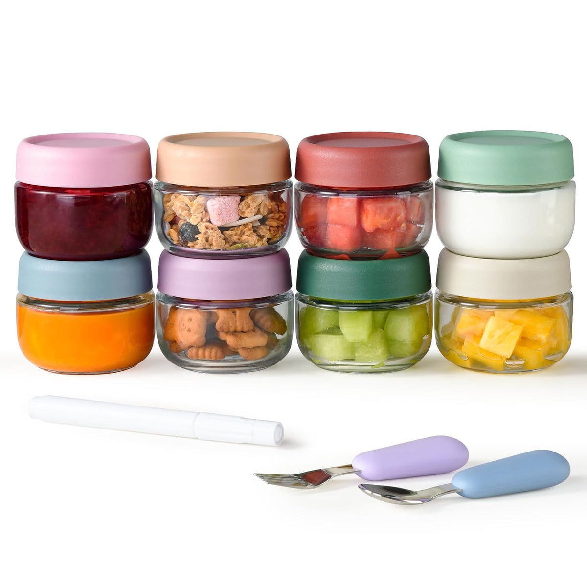 Glass Baby Food Storage Containers, Baby Food Jars, Small Glass Containers with Lids, 4 oz Leakproof Baby Food Storage Containers, BPA Free Microwave/Freezer/Dishwasher Safe, Kids Spoon Fork