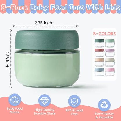 Glass Baby Food Storage Containers, Baby Food Jars, Small Glass Containers with Lids, 4 oz Leakproof Baby Food Storage Containers, BPA Free Microwave/Freezer/Dishwasher Safe, Kids Spoon Fork